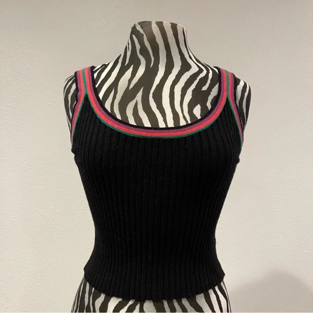 Black Stretchy Forever 21 Cropped Tank Striped Scoop Neck M - Picture 1 of 7